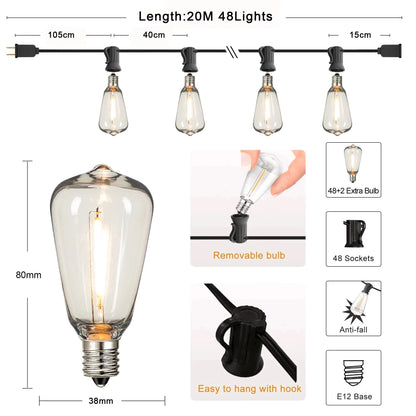 St38 String Lights Outdoor Garland Connectable Shatterproof Waterproof Plastic Led Bulb Dimmable