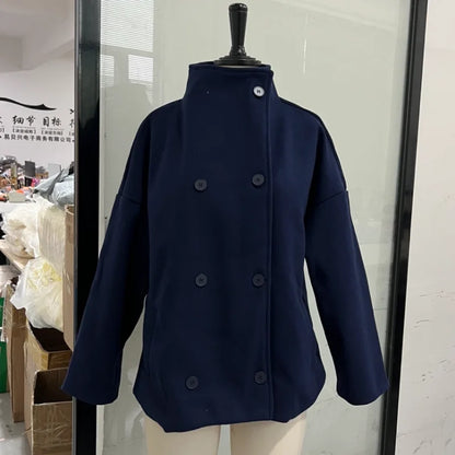 Women's Short Woolen Coat – Stand Collar Zip Jacket