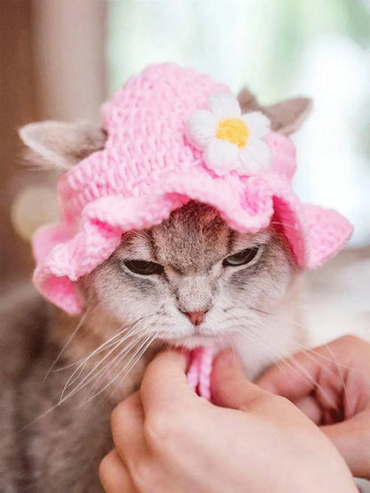 Knitted Pet Bucket Hat with Flower for Cats & Small Dogs