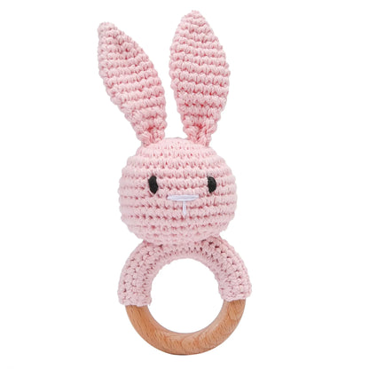 Baby Crochet Rattle & Wooden Teether Toy – BPA-Free Animal Ring