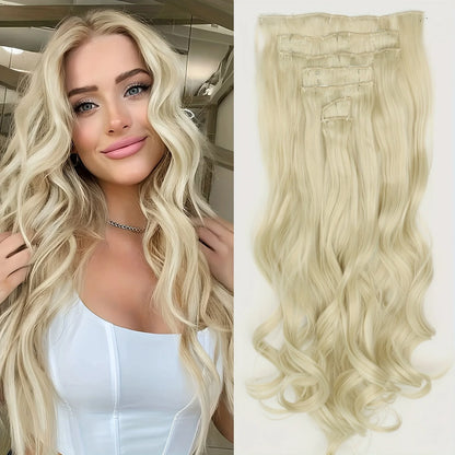 Clip-In Hair Extensions 7pcs 16 Clips Wavy Synthetic 24 Inch