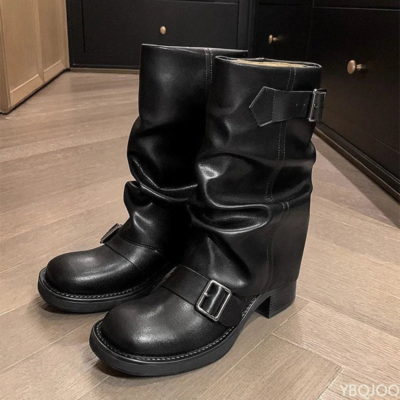 Women's Retro Western Cowboy Boots – Block Heel Buckle Mid-Calf