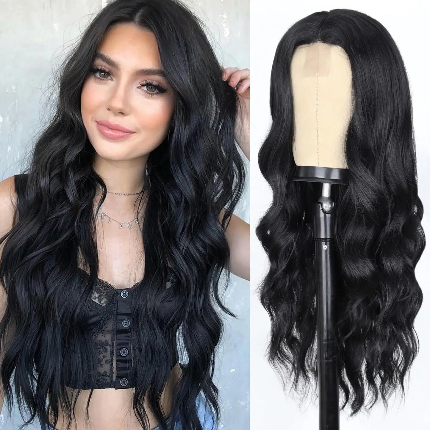 Long Wavy Synthetic Wig with Bangs – Heat Resistant Fiber