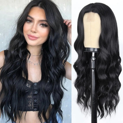 Long Wavy Synthetic Wig with Bangs – Heat Resistant Fiber