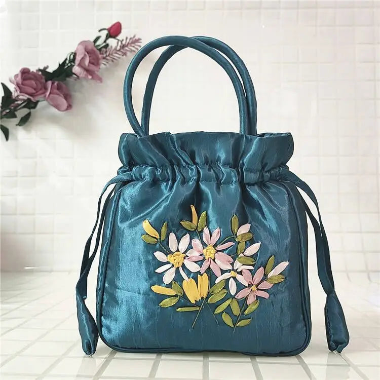 Women's Embroidered Bucket Bag – Floral Top Handle Purse