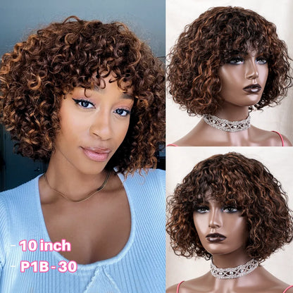 Jerry Curly Short Pixie Bob Cut Human Hair Wigs Bangs Women Wear Go Peruvian Highlight Honey Water