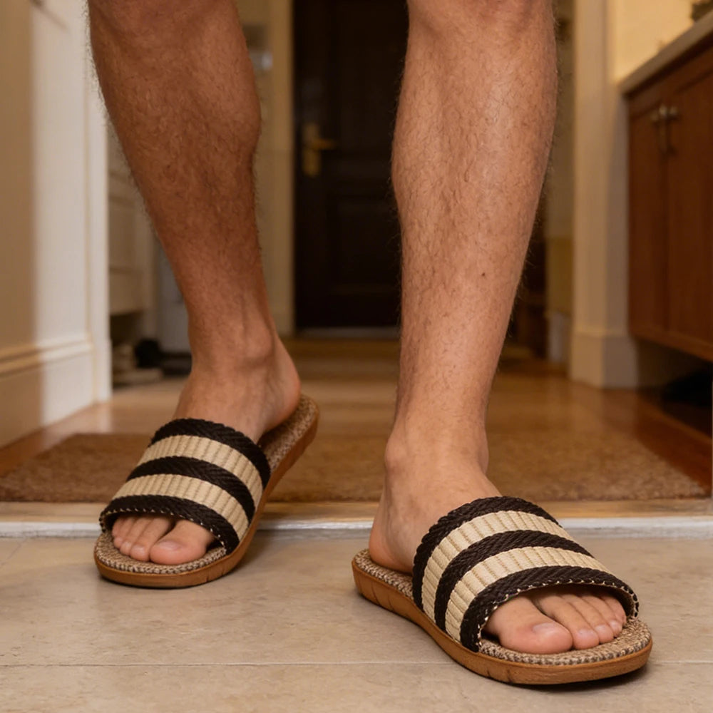 Men's Linen House Slippers – Non-Slip Indoor Slide Sandals