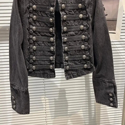 Women's Punk Military Denim Jacket – Vintage Washed Stand Collar Moto Coat