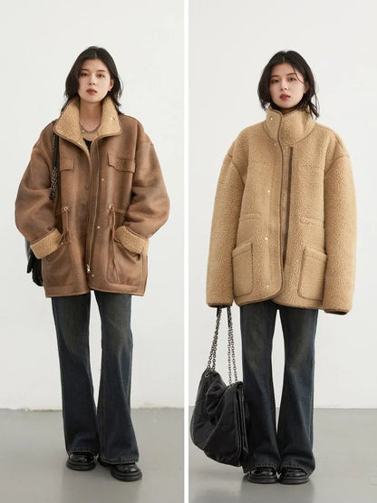 Women's Reversible Suede Sherpa Jacket – Warm Oversized Coat