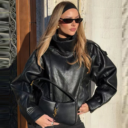 Faux Leather Bomber Jacket Women – Oversized Cropped Zip-Up