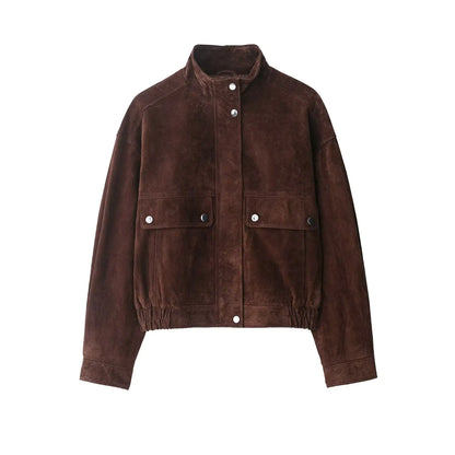 Women's Suede Bomber Jacket Elegant Slim Fit with Big Pockets
