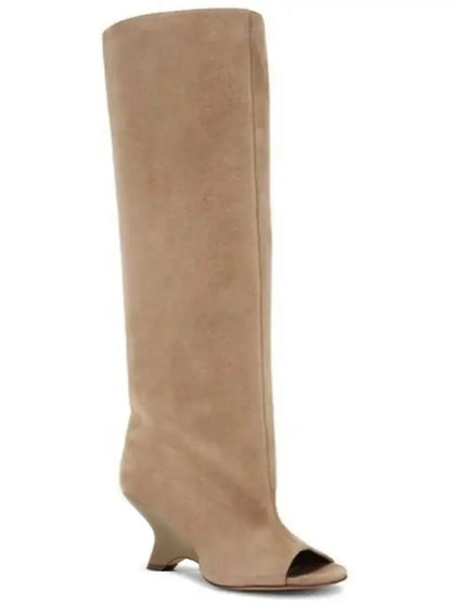 Women's Peep Toe Knee-High Boots with Slant Wedge Heel