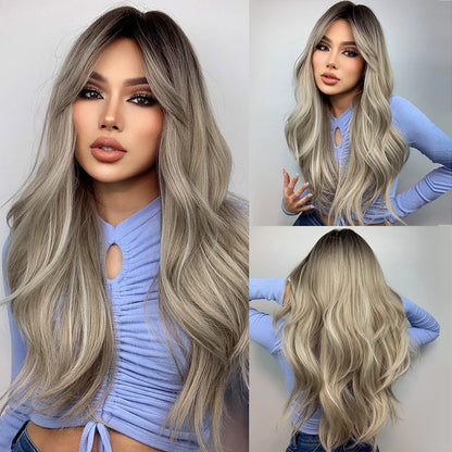 Gemma Ombre Brown Blonde Long Straight Synthetic Wigs Bangs Cosplay Wig Women Temperature Natural