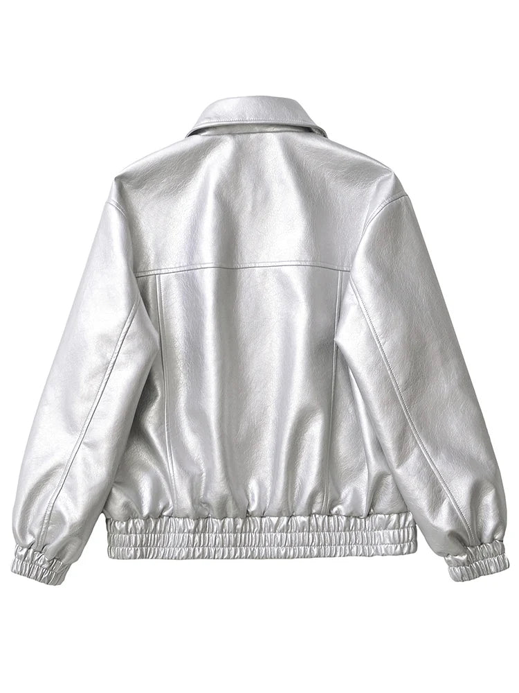 Women's Oversized Faux Leather Zip Jacket – Retro Streetwear Coat