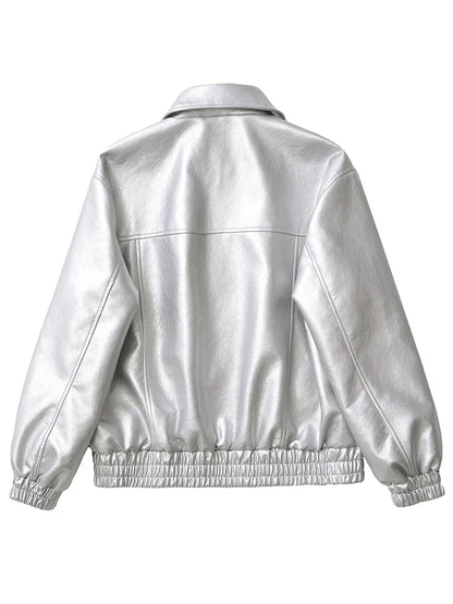 Women's Oversized Faux Leather Zip Jacket – Retro Streetwear Coat