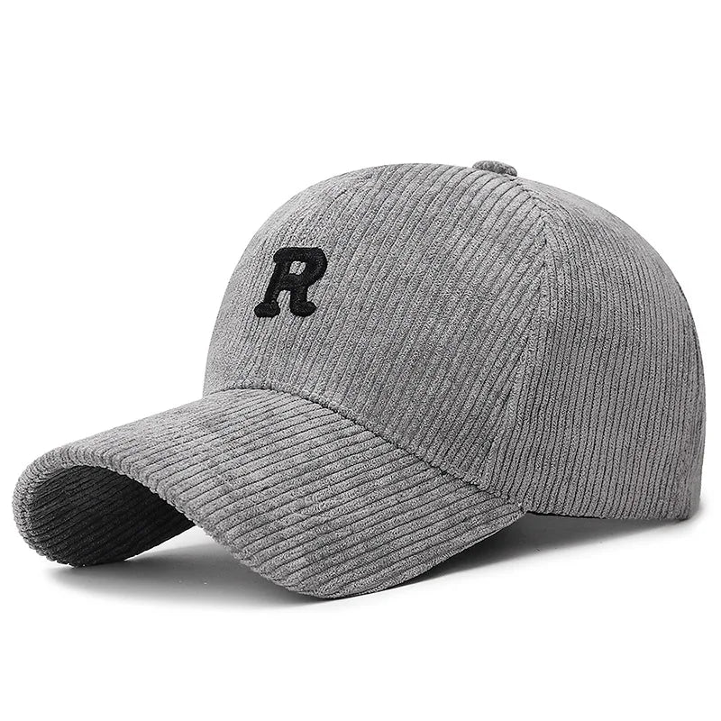 Corduroy Baseball Cap – 3D Embroidered R Letter, Adjustable Structured Hat