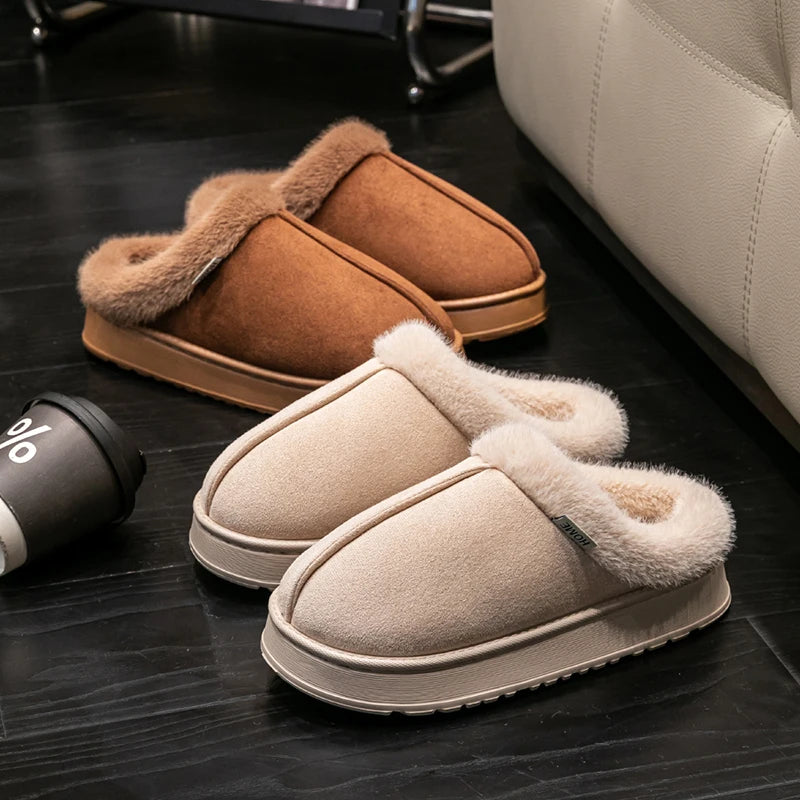Women Fluffy Slippers Autumn Winter Indoor Eva Thick Sole Anti-Slip Warm Unisex House Shoes - Thick
