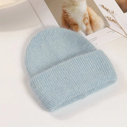 Women's Rabbit Fur Knit Beanie – Warm Solid Color Winter Hat