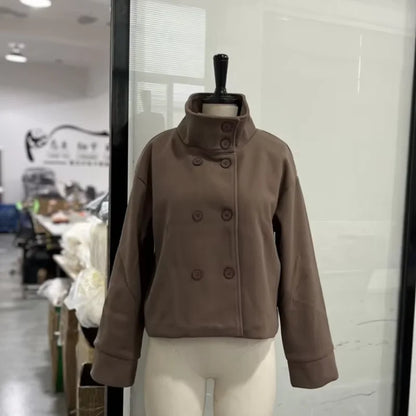 Women's Short Woolen Coat – Stand Collar Zip Jacket