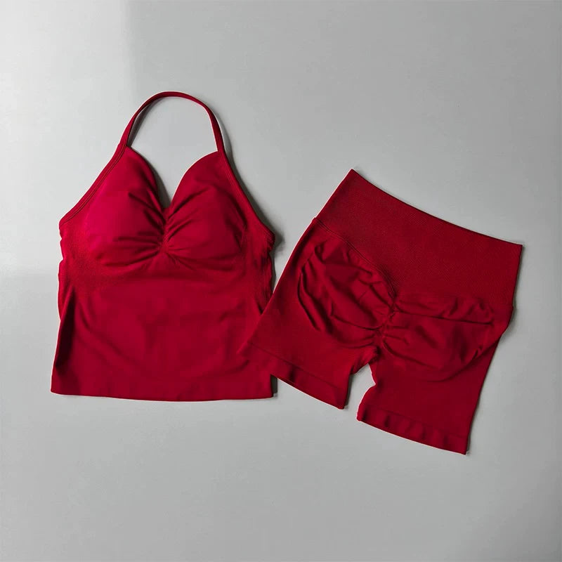 Women's Strappy Backless Crop Top & Scrunch Shorts Set – Gym Yoga Activewear