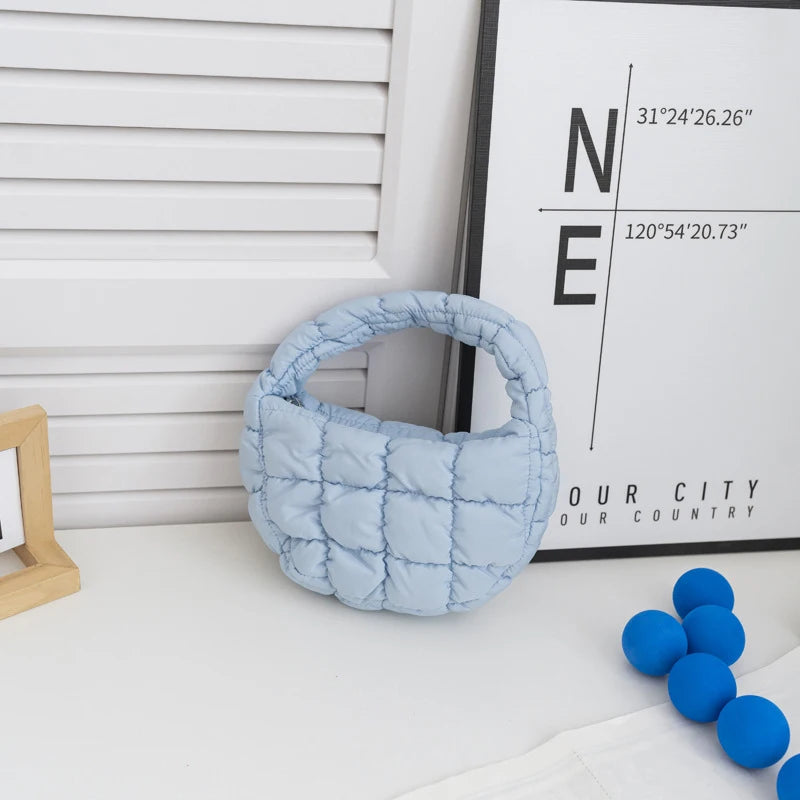 Candy Bag Mini Puffer Tote Quilted Circle Phone Purse Elegant Soft Nylon Padded Key Pouch Simple