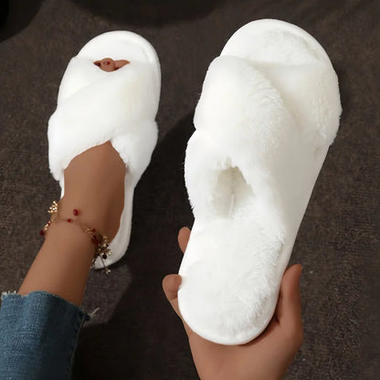 Cross Strap Fur Slippers Women Indoor Light Warm Plush Home Woman Faux Flat Heel Couple Slides Plus