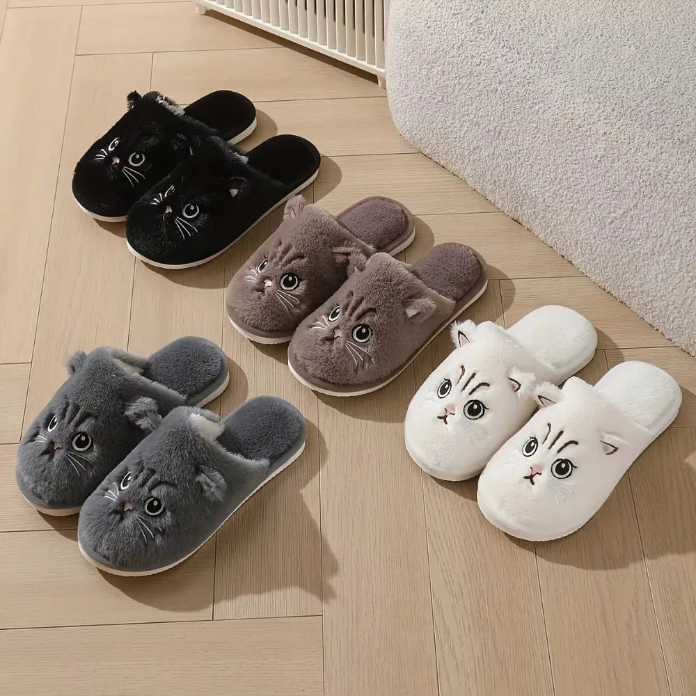 Women's Plush Cat Slippers Cozy Indoor House Shoes Non-Slip