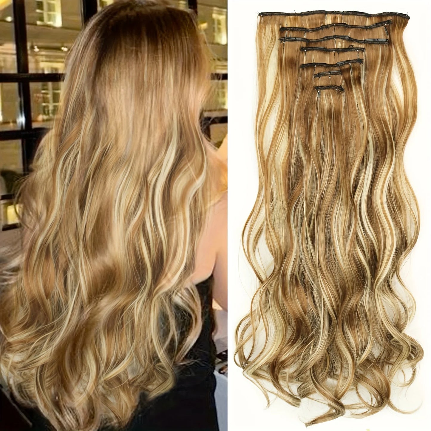 Clip-In Hair Extensions 7pcs 16 Clips Wavy Synthetic 24 Inch