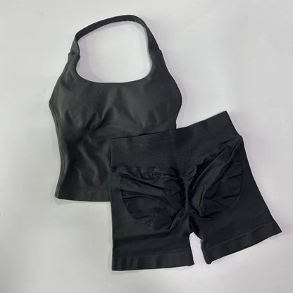 Women's 2-Piece Seamless Workout Set – Backless Tank Top & Scrunch Shorts