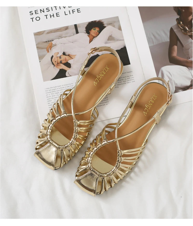 Women's Flat Roman Cage Sandals – Narrow Strap Square Toe