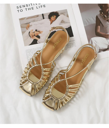 Women's Flat Roman Cage Sandals – Narrow Strap Square Toe