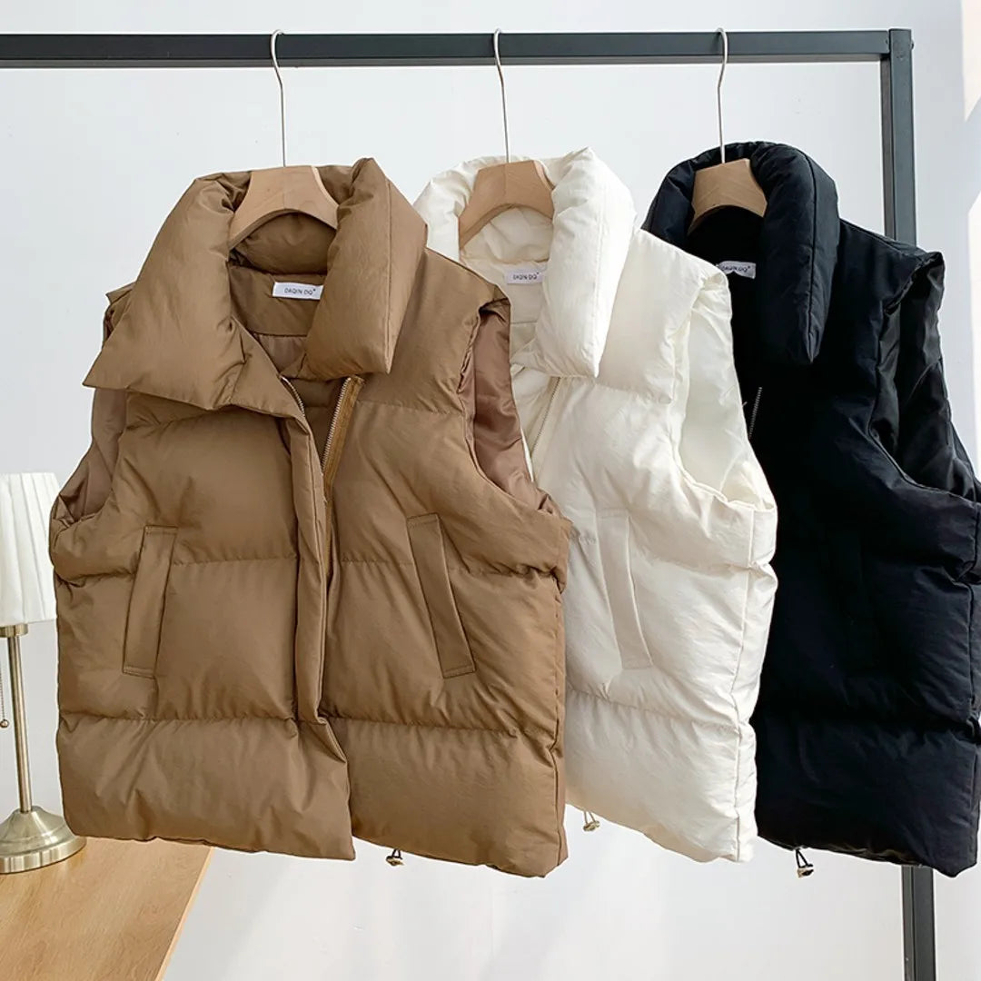 Women's Puffer Vest – Sleeveless Stand Collar Down Coat with Belt