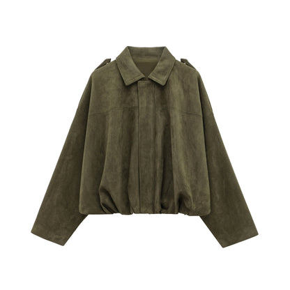 Women's Suede Bomber Jacket – Vintage Loose Zip-Up Coat with Lapel Collar