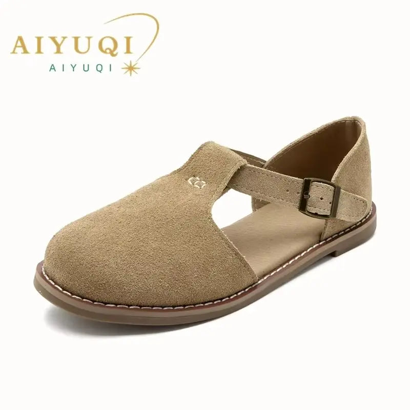 Women's Genuine Leather Flat Roman Sandals – Retro Closed Toe