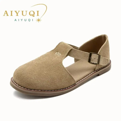 Women's Genuine Leather Flat Roman Sandals – Retro Closed Toe