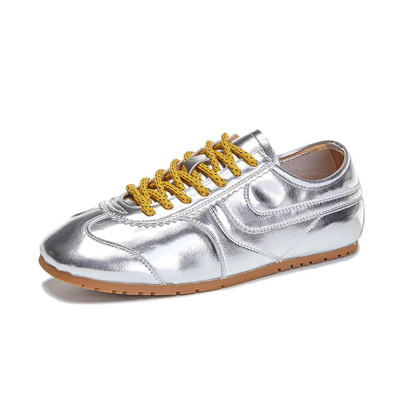 Women's Genuine Leather Retro Sneakers – Flat Lace-Up Casual Shoes