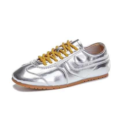 Women's Genuine Leather Retro Sneakers – Flat Lace-Up Casual Shoes
