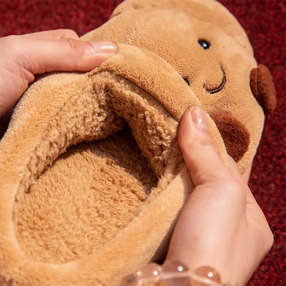 Cute Cartoon Fluffy Slippers Women Men Winter House Shoes Furry Croissant Bread Style Anti-Slip