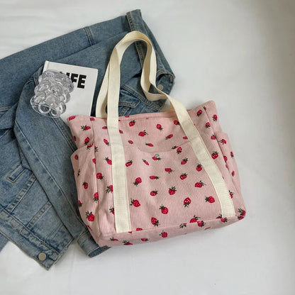 Corduroy Strawberry Print Tote Bag – Cute Shoulder Bag