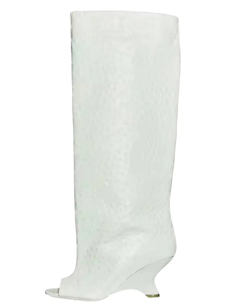 Women's Peep Toe Knee-High Boots with Slant Wedge Heel