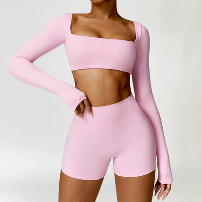 Women's 2-Piece Yoga Set – Long Sleeve Crop Top & Shorts