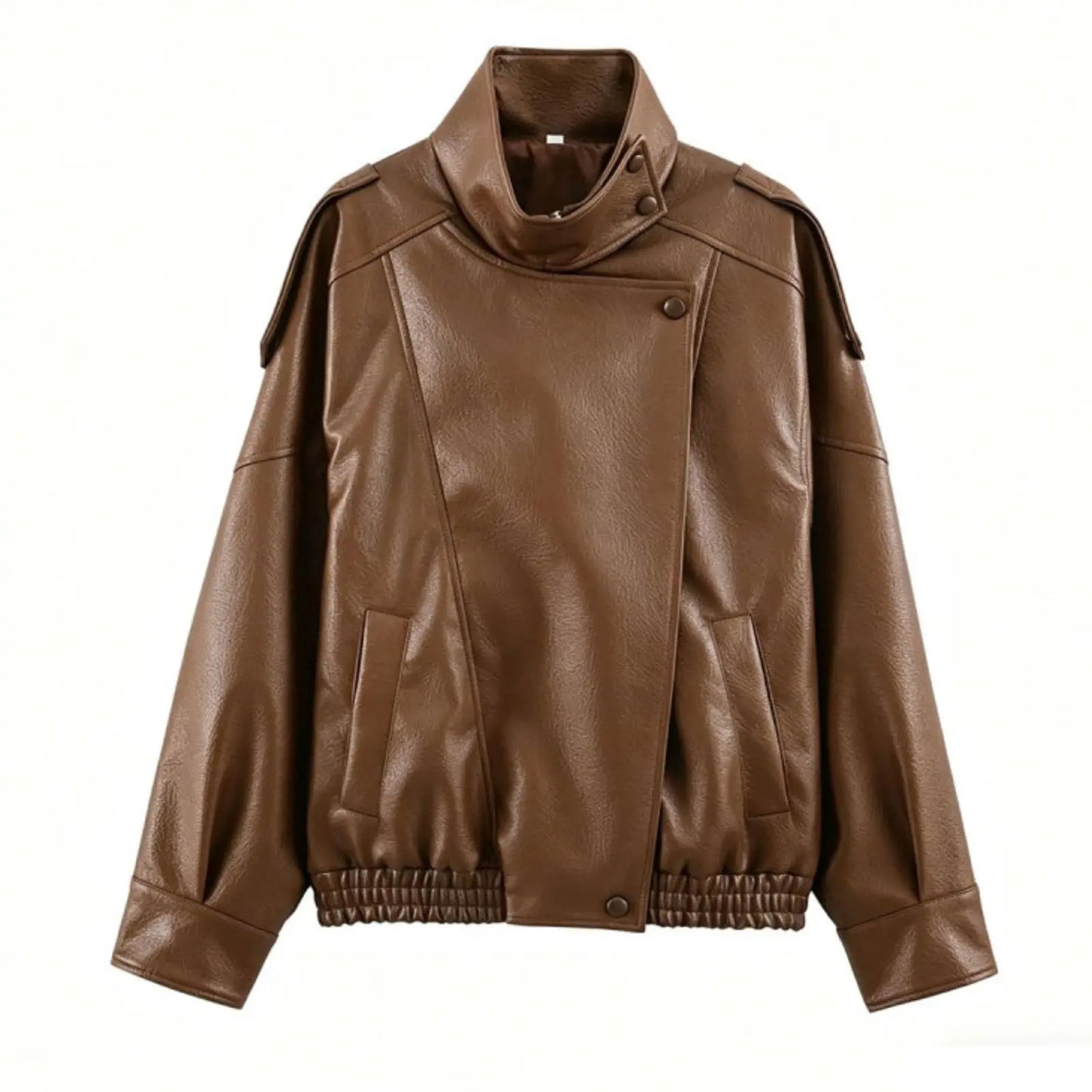 Women's Oversized Faux Leather Jacket – Asymmetric Button Loose Coat