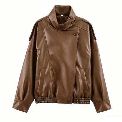 Women's Oversized Faux Leather Jacket – Asymmetric Button Loose Coat