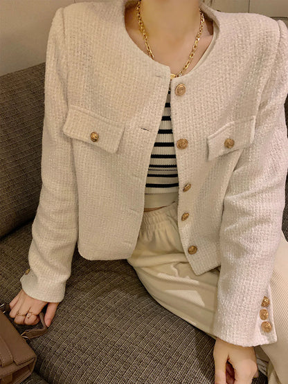 Women's Wool Tweed Short Coat – Gold Button Slim French Style
