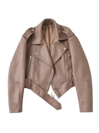 Women's Faux Leather Moto Jacket with Belt – Short Biker Style