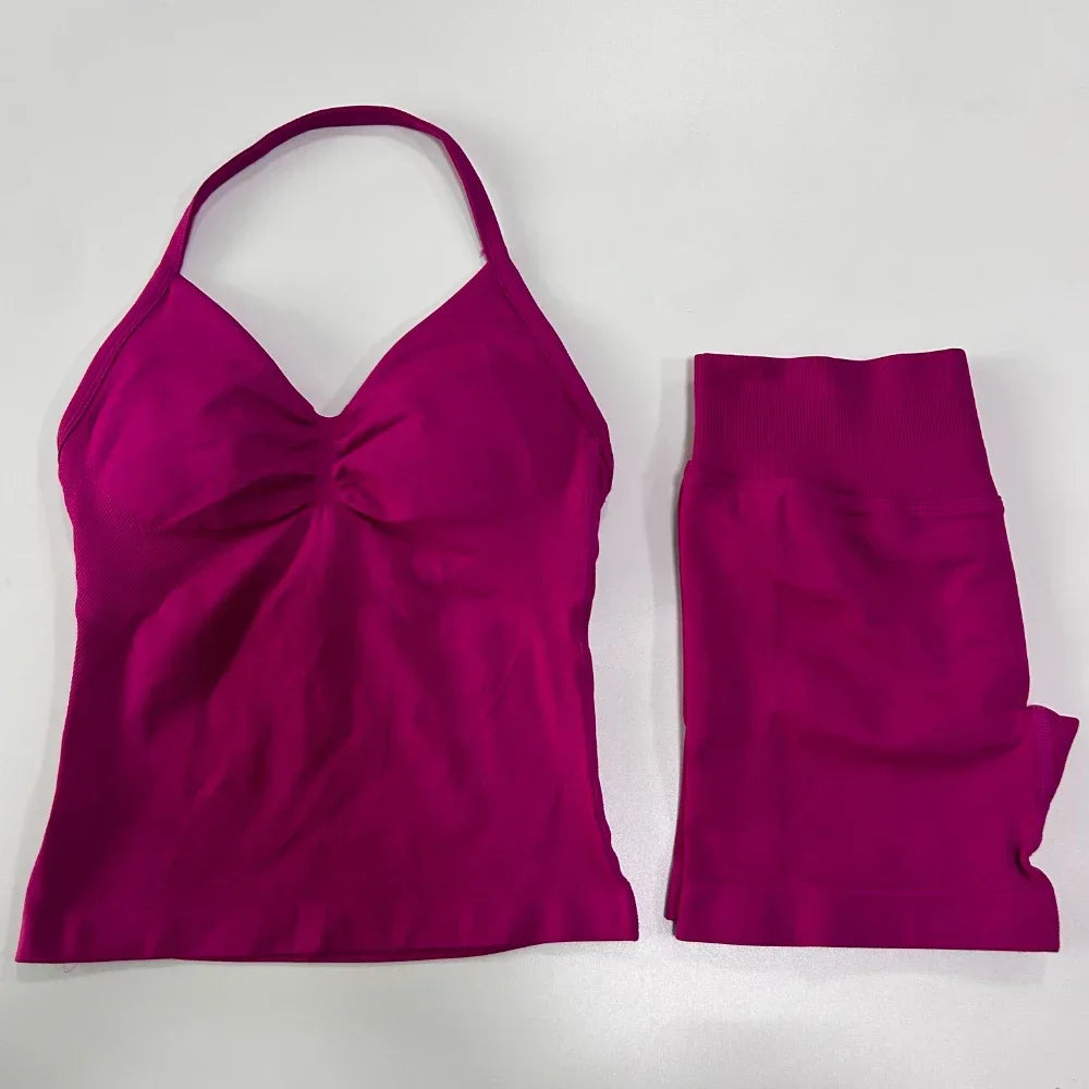 Women's 2-Piece Seamless Workout Set – Backless Tank Top & Scrunch Shorts