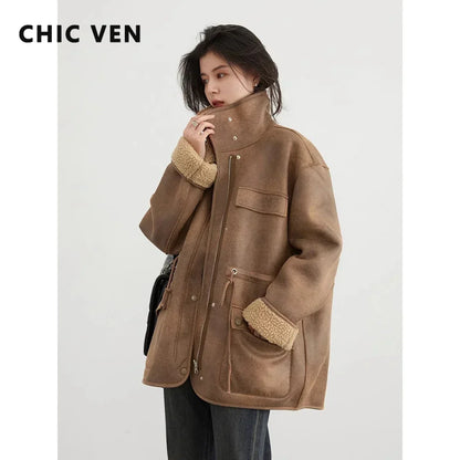 Women's Reversible Suede Sherpa Jacket – Warm Oversized Coat