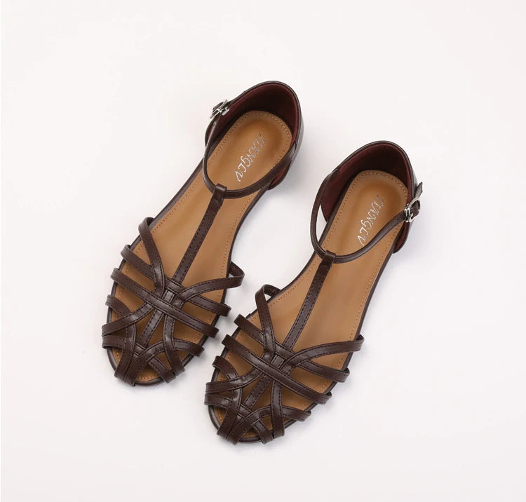 Women's Flat Roman Sandals – Woven Cage Cross Strap