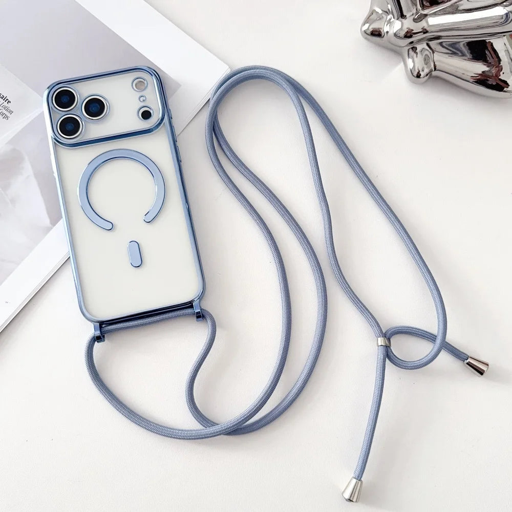 Luxury Necklace Cord Rope Lanyard Plating Magnetic Clear Phone Case Iphone 17 16 14 11 12 13 15 Pro