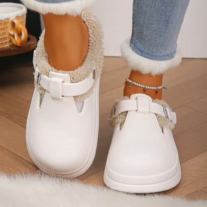 Furry Mule Slippers Women Winter Plush Warm EVA Thick Sole Metal Buckle Non-Slip